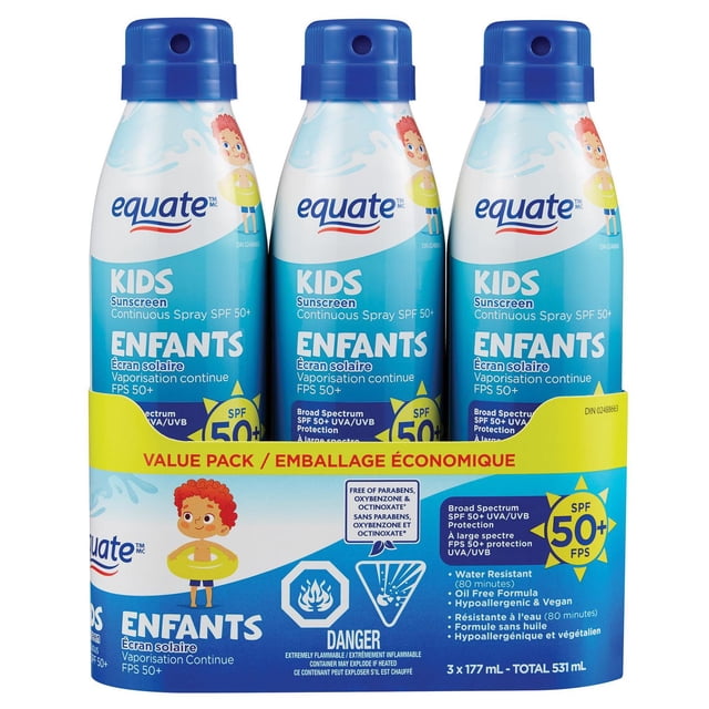Equate Kids SPF 50+ Continuous Spray Sunscreen pack of three 177 ml cans with blue spray caps and light blue labels featuring a cartoon child in a yellow float ring, broad spectrum UVA/UVB protection, water-resistant for 80 minutes, oil-free, hypoallergenic, and vegan formula, packaged in a yellow and blue value pack wrap with bilingual English and French text.