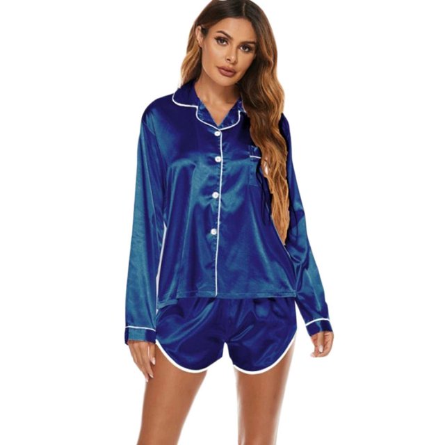 2pcs Womens Silk Satin Pajamas Set Button down Floral Pattern Long Sleeve Sleepwear + Short Pants Set Nightwear