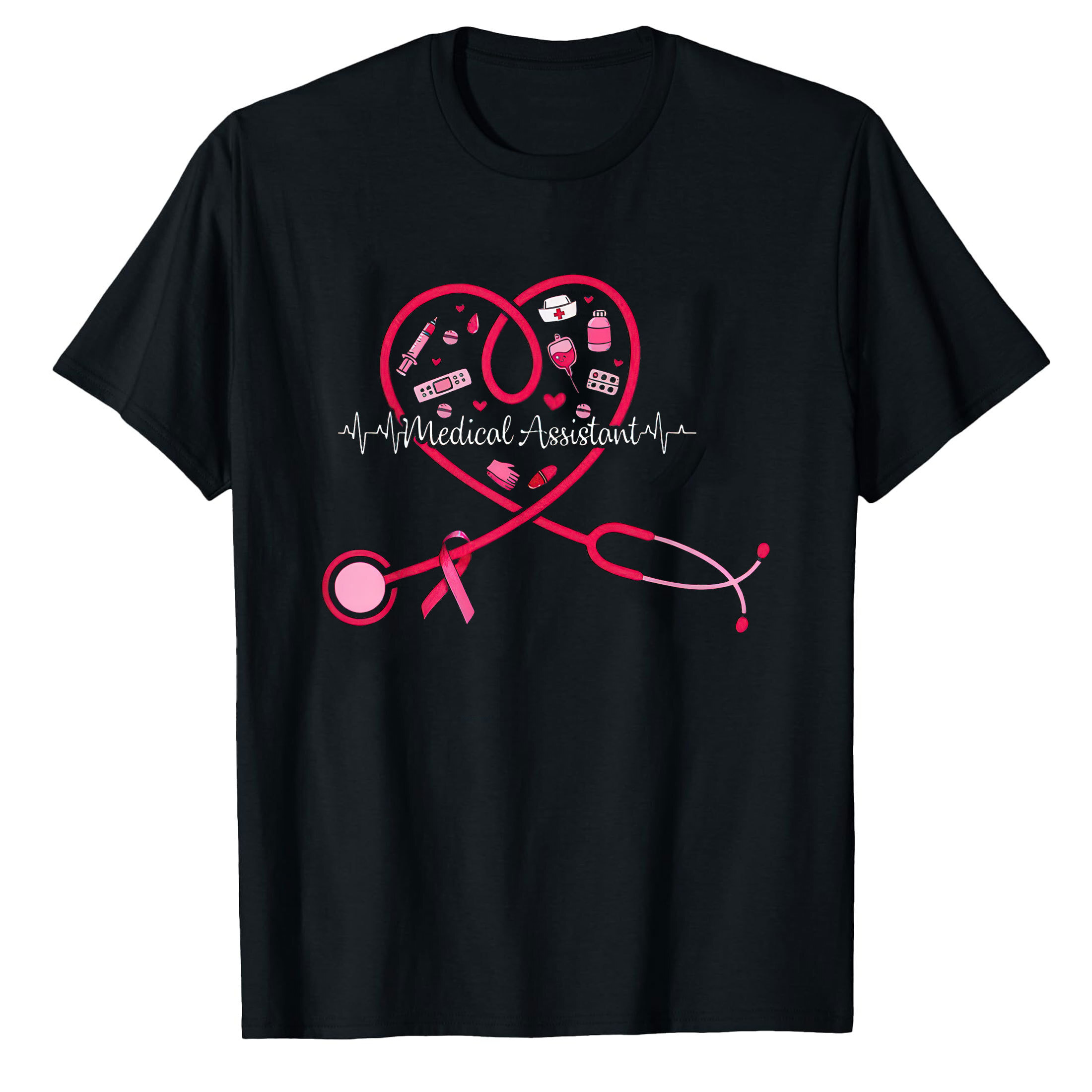 AALJY Medical Assistant Pink Stethoscope Heart Pink Breast Cancer T-Shirt
