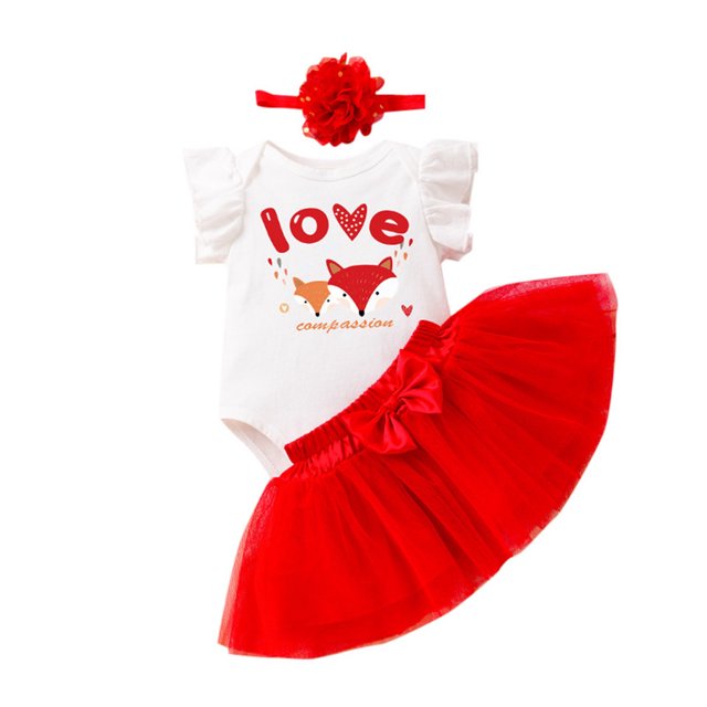 FhsagQ Ensembles pour Filles Robe de la Saint-Valentin pour Bébé Robe à Petites Manches Volantées Ensemble de Robe de Princesse 3 Pcs Tenues pour Petites Filles Taille 6-7 Rouge 6 m