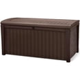 thumbnail image 1 of Keter Borneo 110 Gallon Rattan Wicker Resin Patio Deck Storage Box Bench, Brown, 1 of 11
