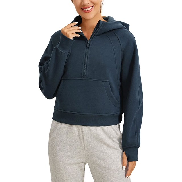 Sweat à Capuche Doublé de Polaire pour Femmes Pull Demi-Zip avec Trou pour le Pouce