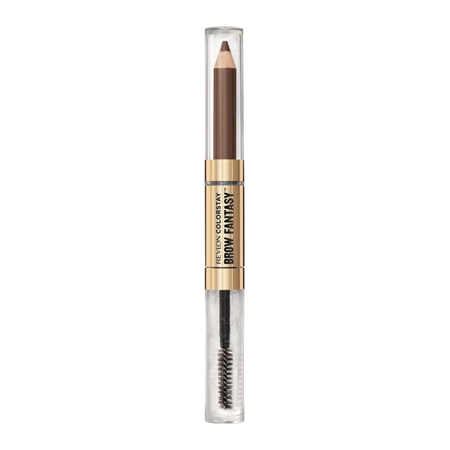 Revlon ColorStay Brow Fantasy™, all in one eyebrow powder pencil with shaping clear gel, shown upright with a brown powder pencil tip and clear gel spoolie brush, gold accents with black text, designed for natural-looking, full brows with 16-hour wear and nourishing Pro-Vitamin B5, also suitable for filling sparse hairline or beard areas.