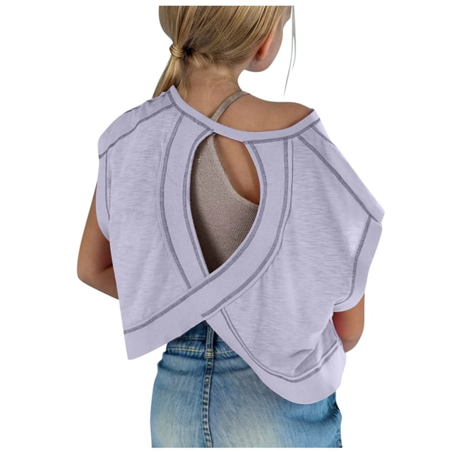 Plebaso Girls Workout Tops Long/Short Sleeve Open Back Shirts Kids Athletic Running Cropped Tees Tops