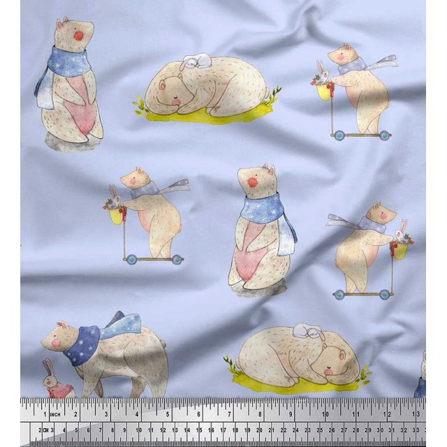 Soimoi Cotton Voile Fabric Cycle,Rabbit & Bear Kids Print Sewing Fabric Yard 42 Inch Wide