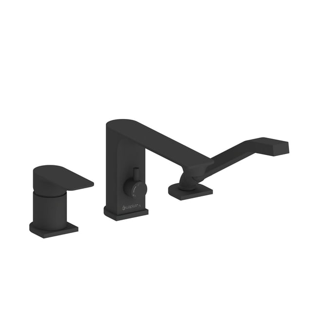 akuaplus® Roman Bathtub Faucet ELENA with Hand Shower in solid brass matte black finish, 3-piece set with round and square handles, 2-way diverter, and square hand shower with 9.5 L/min flow restrictor, designed for 3-hole installation in bathroom renovations, also suitable for modern bathtub setups.