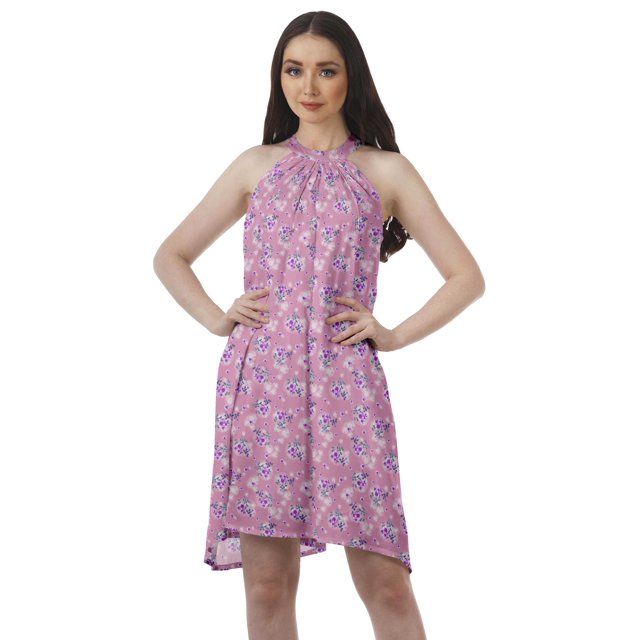 Moomaya Robe Tunique Imprimée Robe Débardeur Robe Évasée Robe à Col Licou Mini Robe d'Été