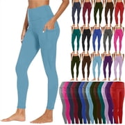 Amzcrzy Leggings for Women with Pocket Solid Color High Waisted Leggings Stretchy Slim Yoga Pants Casual Gym Athletic Workout Leggings