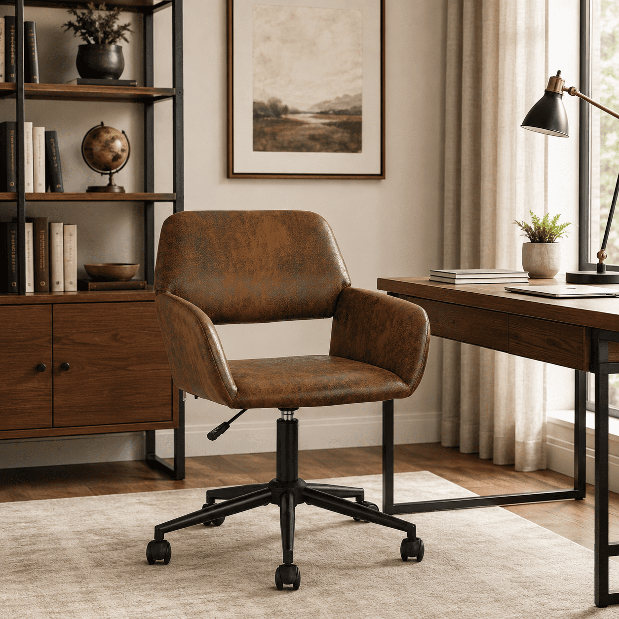 Homy Casa Compact Home Office Chair, Brown Faux Suede Desk Chair with 360° Swivel, Adjustable Height and Rolling Base