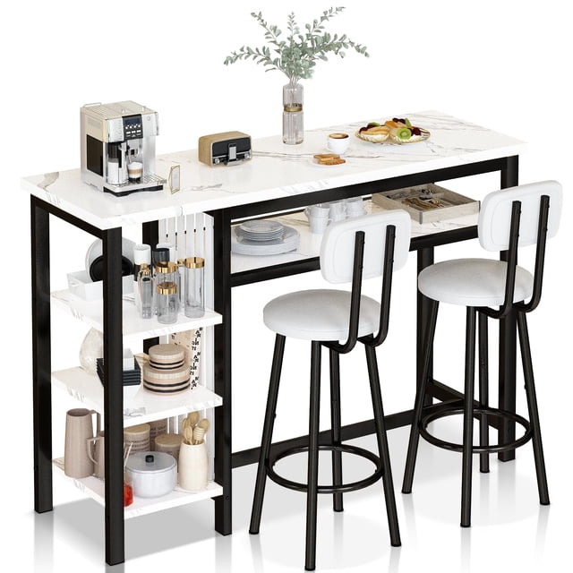Lamerge Bar Ensemble de table à manger 2, 3 Table à barres et chaises, Kit de table à manger, Table de comptoir de cuisine, Table à bars avec rangement, Kit pour petit déjeuner Space, Blanc+Noir