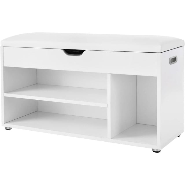Boutique Home Modern White Shoe Bench with Padded Seat and Storage