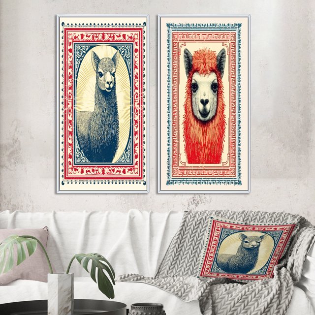 Designart "Retro Stamp Alpaca Portrait Illustration III" Alpaca Framed Wall Art Set Of 2 - Traditional Red Frame Gallery Set For Office Decor