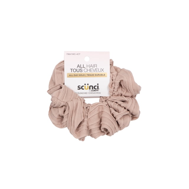 Scunci Statement Scrunchie en beige Neutre avec Tissu Côtelé et design Froncé Surdimensionné, Accessoire Capillaire Idéal pour Tous les types de Cheveux Offrant une Tenue Toute la Journée, Souvent Utilisé pour Rehausser les Chignons Ou les Queues de Cheval au Quotidien.
