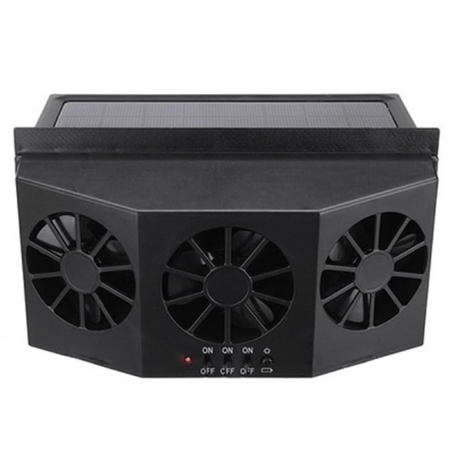 Solar Powered Car Device Car Exhaust Fan Circulation Exhaust Fan Car Ventilation Fan by JGFSFC centered front view of a compact rectangular car ventilation fan with solar panel on top, black molded plastic housing and visible intake vents on a plain white background; often used to help circulate cabin air when parked.