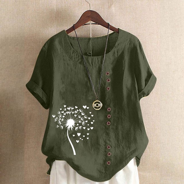 Jusqu'à 50 % de Rabais Horkkom Chemises à Manches Courtes pour Femmes Été Grande Taille Chemises en Lin Décontractées Col Rond Imprimé Floral Hauts Amples