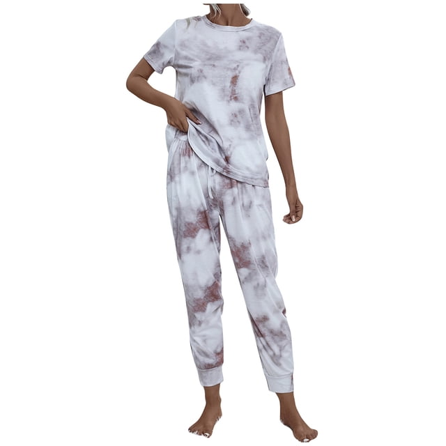SDNall Hauts à Manches Longues pour Femmes Imprimé Manches Courtes Col Rond Taille Élastique Pantalons Longs Ensemble de Sport Décontracté pour Femmes Été, Pantalons d'Été pour Femmes, Hauts à Manches Longues pour Femmes