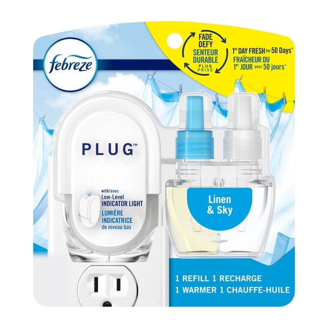 Febreze Plug In Air Freshener starter kit with Linen & Sky scented oil refill and white warmer featuring a low-level indicator light, providing continuous odor-fighting freshness for up to 50 days, shown with a background of blue sky and hanging white linens.