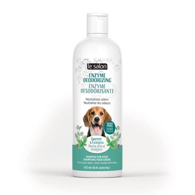 Le Salon Enzyme Deodorizing Shampoo for Dogs, 473ml white bottle with flip-top cap, featuring spearmint and eucalyptus scent, paraben-free and aloe vera formula that neutralizes odors and nourishes dog coats, bilingual English and French label.