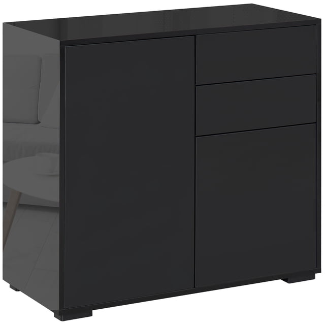 HOMCOM Buffet Bahut à Fini Très Lustré avec Tiroirs Armoire de Rangement de Cuisine Vue Orientée vers l'Avant d'Un Buffet en Panneau de Particules Noir à Fini Très Lustré avec Deux Tiroirs à Pression au-Dessus d'Armoires à Deux Portes, Tablettes Intérieures Ajustables, base Ouverte Surélevée et Plateau Plat pour Rangement de Salle à Manger; Convient Aussi comme console Compacte de Bureau Ou Multimédia.