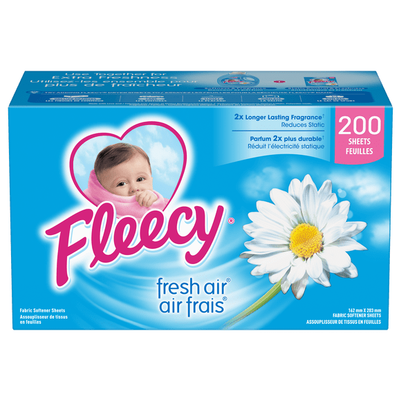 Fleecy Feuilles Assouplissantes pour Sécheuse, Assouplissant à Linge, Parfum Air Frais, 200 feuilles
