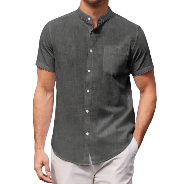 TopLLC Polo pour Homme Chemise en Lin Décontractée Col Officier Manche Courte Chemise Boutonnée