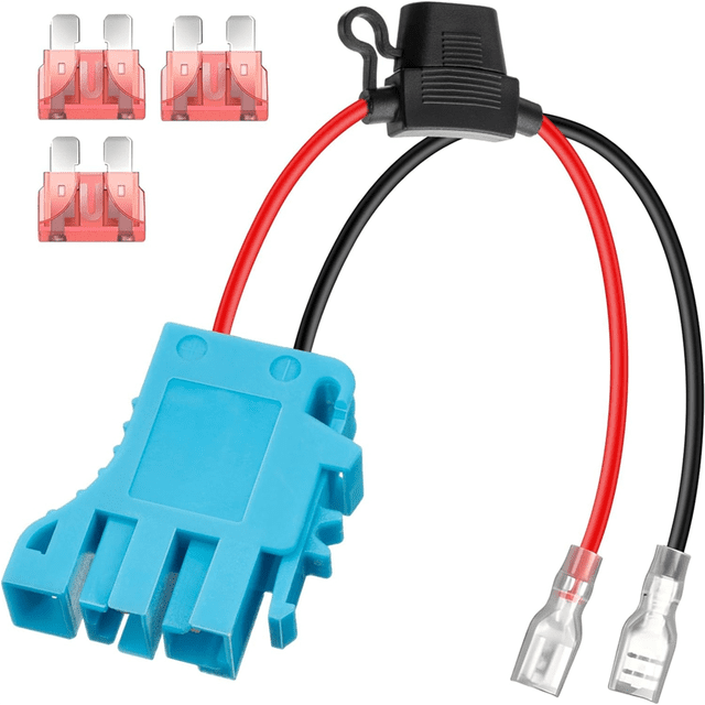 12 AWG wire harness connector replacement compatible with Peg-Perego 12V SLA battery ride-on vehicle riding toys. The image shows a blue plastic connector with two-pin structure, red and black thick copper wires, and a fuse holder. Includes three 40A fuses for enhanced safety and conductivity. Designed for quick installation and compatibility with various batteries, including lithium upgrades.