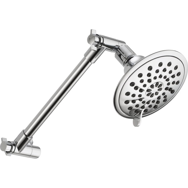 Peerless Pommeau de Douche à 3 Réglages avec Bras Ajustable en Chrome Montrant un Pommeau de Douche Rond en Chrome avec des Trous de Jet en Caoutchouc Noir à Nettoyage Tactile Disposés en Cercles Concentriques, Fixé à un Bras Chrome Réglable de 10 Pouces avec Articulations Pivotantes et Montages Croisés pour des Changements de Réglage de Pulvérisation Faciles et l'Installation.