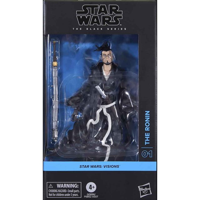 Star Wars The Black Series 6 Inch Scale Action Figure (2025 Wave 3B) - The Ronin #01. A collectible action figure depicting The Ronin from Star Wars: Visions, featuring intricate details, black robes with white accents, and a lightsaber accessory. Packaged in a branded box with bilingual safety warnings, ideal for Star Wars merchandise collectors.