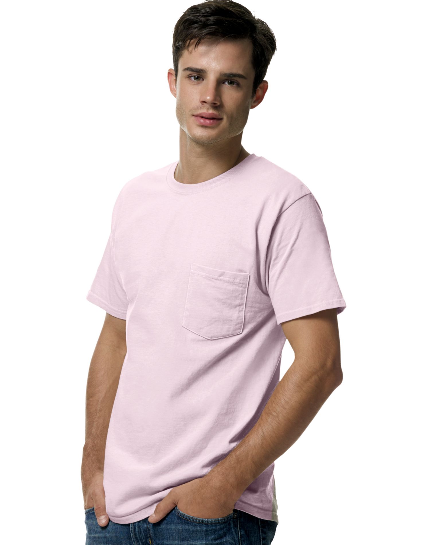 Hanes TAGLESS Men`s Pocket T-Shirt, 3XL, Pale Pink