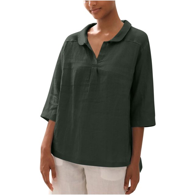Penkiiy Blouse Décontractée à Manches 3/4 Henley Col en V Boutonnée Plissée Unie T-Shirts TG Vert Armée