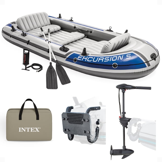 Intex 5 Person Inflatable Fishing Boat with Trolling Motor and Boat Motor Mount Kit. The Excursion 5 inflatable boat is designed for up to 5 adults with a 1,300-pound weight capacity, ideal for fishing, paddling, or floating. Made from heavy-duty, puncture-resistant PVC, it features an inflatable I-beam floor, two inflatable seats with backrests, and a middle seat for added comfort. Includes 4 built-in fishing rod holders, a gear pouch, and fittings for the included motor mount. The set comes with two 54-inch aluminum oars, a high-output pump, and a carrying bag. The trolling motor offers 8-speed operation with 5 forward and 3 reverse speeds, a built-in battery meter, and a tilt extender tiller. The motor mount kit ensures secure attachment with heavy-duty aluminum supports. Dimensions: 144 x 66 x 17 inches.