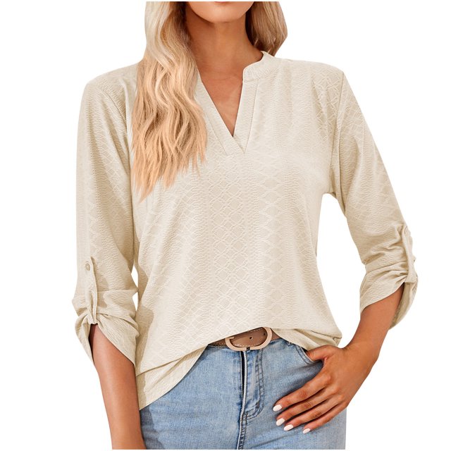 Pompotops T-shirt Mode Femme Col en V Manches Longues Ample en Solde