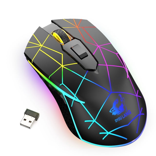 APPIE Souris de Jeu Sans Fil Rechargeable pour Ordinateur avec Rétroéclairage RVB Arc-en-Ciel, Dotée d'Un design Noir Épuré avec des Motifs Géométriques Vibrants en RVB. Cette Souris Ergonomique Comprend 7 Boutons, une Molette de Défilement et 3 Réglages DPI Réglables (2400/1600/800) pour un Contrôle Précis. Elle Se Connecte via USB Technologie Sans Fil 2,4 GHz avec une Portée jusqu'à 33 Pieds et Comprend un Récepteur USB. la Souris Est Alimentée par une Batterie Rechargeable de 500 mAh,