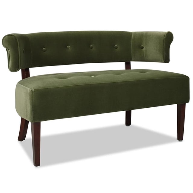 Jennifer Taylor Home Jared Roll Arm Tufted Bench Settee in olive green velvet, featuring a curved backrest with button tufting, roll arms, and tapered wooden legs. Perfect as accent seating for living rooms, entryways, or hallways, and suitable for traditional or modern decor.