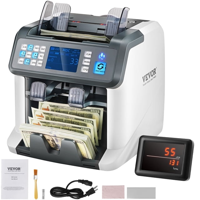 VEVOR Compteur d'Argent, Compteur de Billets avec Dénomination Mixte et Détection de Contrefaçons Utilisant 2 CIS, UV, IR, MG, DD et SN. Conçu pour la Manipulation d'Argent, Prend en Charge le Comptage Multi-Devises, Double Affichage avec TFT et DEL Externes, et une Capacité de Trémie de 500 Billets. Idéal pour un Usage au Détail et en Entreprise, Comprend des Accessoires comme un Câble d'Alimentation, une Brosse de Nettoyage et du Papier d'Étalonnage.