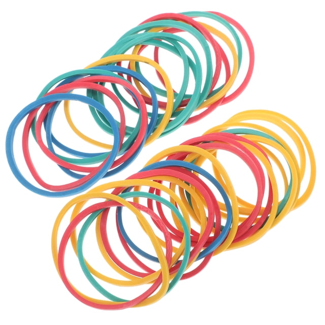 SHISUYAN 60PCS Rubber Bands Elastic Rings for Geoboards Crafts School Office and Home Use. A collection of assorted colored rubber bands, including red, yellow, green, and blue, arranged in overlapping piles. These elastic rings are made of durable rubber, measuring 3.00x3.00x0.10cm (1.18x1.18x0.04in), and are ideal for creating shapes and patterns on geoboards. Suitable for educational, office, and home use, they enhance creativity and learning while offering versatility and long-lasting reliability.