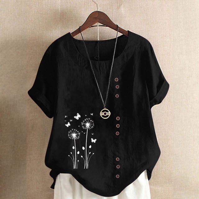 Économies d'Été! Horkkom Hauts Grande Taille pour Femmes Été Décontracté Chemises en Lin à Manches Courtes Col Rond Imprimé Floral Blouses Amples