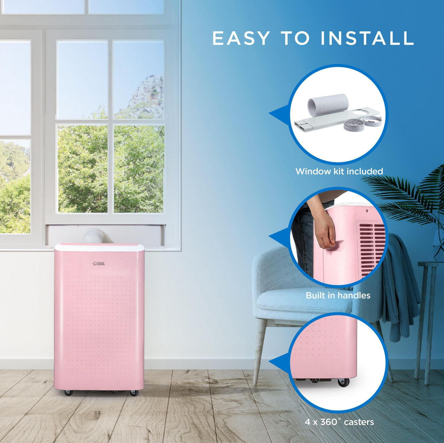 Commercial Cool Climatiseur portable intelligent ASHRAE 128, 9 000 BTU, 6 350 BTU SACC/CEC, rose