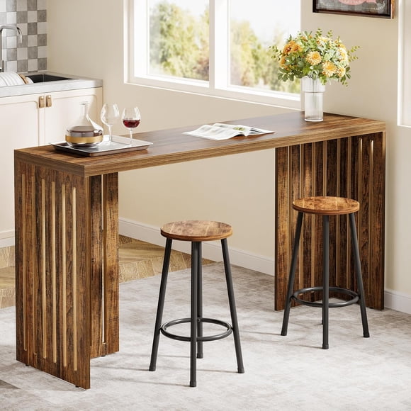 Tribesigns 63" Bar Table, Industrial Counter Height Pub Table for Narrow Space, Brown