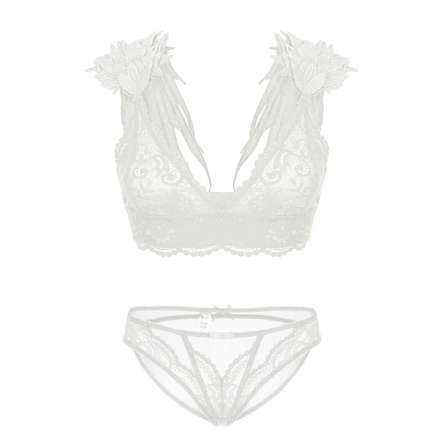 Soutien-Gorge Léger Triangle Mignonne à Bretelles Réglables avec Ailes et Dentelle Culottes Bikini pour Femmes