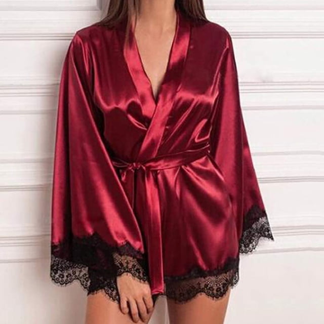LSLJS Lingerie Women Silk Lace Robe Dress Sleepwear Nightdress Pajamas Set