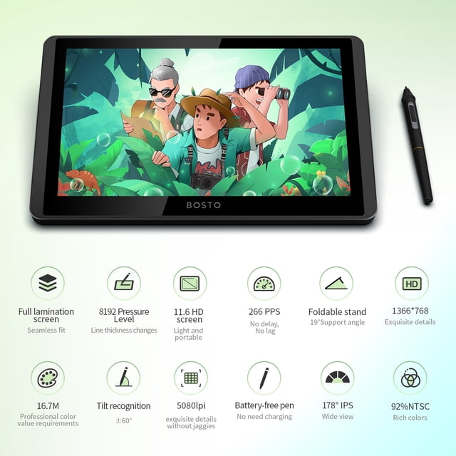 Pen BOSTO 12HD-A H-IPS LCD Graphics Drawing Tablet Monitor 11.6 Inch Size 1366x768 Display 8192 Pressure Level Passive Technology with Tilt Function Support MacOS
