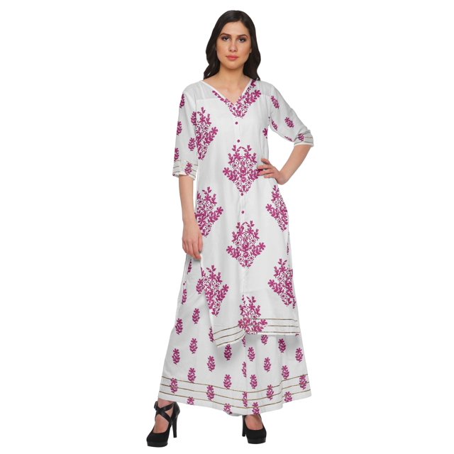 Moomaya Ensemble Kurta à Col en V Imprimé et Pantalon Palazzo Tenue Ethnique Robe pour Femmes