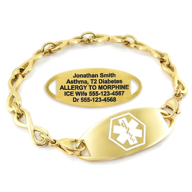 MedicEngraved Yellow Gold Stainless Steel Custom Medical Alert Bracelet - 6mm Infinity Link