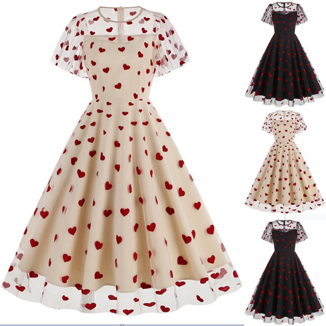 Liquidation Aujourd'hui Iumwxz Robe à Col Rond à Manches Courtes pour Femme Robe en Tulle Tunique à Fermeture Éclair Robe de Princesse Robes à Imprimé Cœur Robes d'Été Décontractées pour Femmes Robe Tendance pour les Vacances