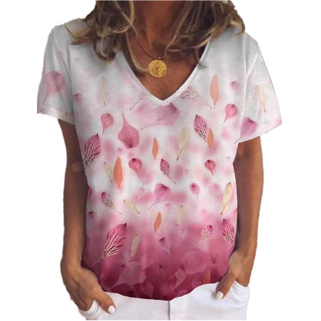 New Women's Floral Print Top V Neck Loose Short Sleeved T Shirt