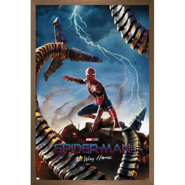 Marvel Spider-Man: No Way Home - Teaser Wall Poster depicting Spider-Man in his red and blue suit crouching on rocky terrain surrounded by mechanical tentacles with lightning striking in a stormy sky, printed on glossy poster paper for vibrant home décor.