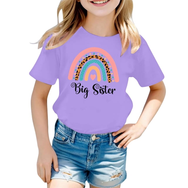 FhsagQ le 7 Juillet Filles Mode Décontractée Lettre Col Rond Manches Courtes T-Shirt Haut Filles Printemps le 7 Juillet T-Shirts 5T Pâques Fille Chandails Taille 10-12 Moins de 10 Été Violet 6-7 Ans