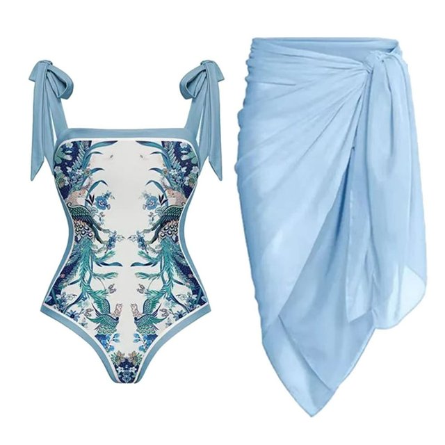 Maillot de Bain une Pièce pour Femmes avec Jupe de Plage Paréo Imprimé Floral Rétro Ensemble Bikini Deux Pièces