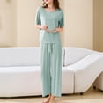thumbnail image 2 of Sentmoon 2 Pcs Pyjama Robe de Nuit Manches Courtes Ample Extensible Couleur Unie Ensemble de Détente pour Femmes Été Mode pour Sorties Café Vert G, 2 of 8